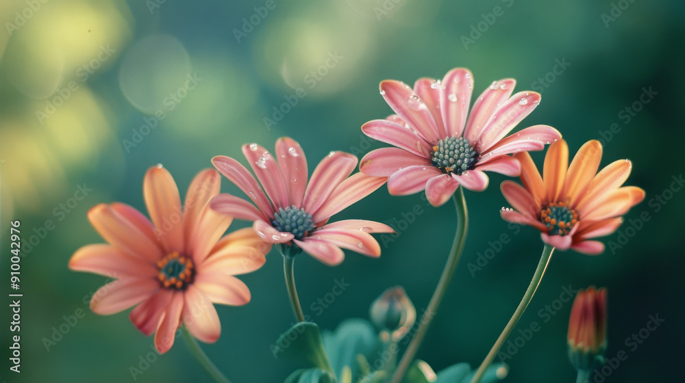 Vibrant daisies bloom under the soft focus of a serene garden, showcasing nature's beauty with delicate petals kissed by morning dew. Vibrant daisies bloom under the soft focus of a serene garden, showcasing nature's beauty with delicate petals kissed by morning dew.