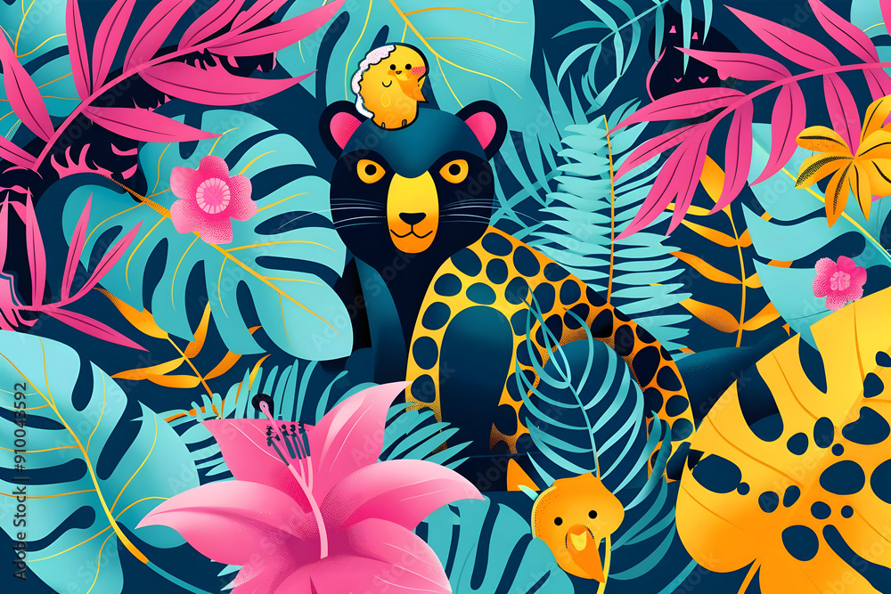 Jungle Illustration with Black Panther and Tropical Plants Jungle Illustration with Black Panther and Tropical Plants