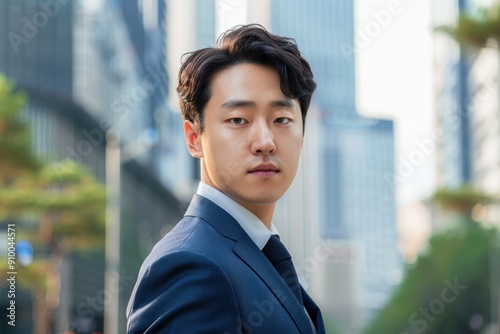 Portrait of a Young Korean Man in a Suit With Business Center on Background