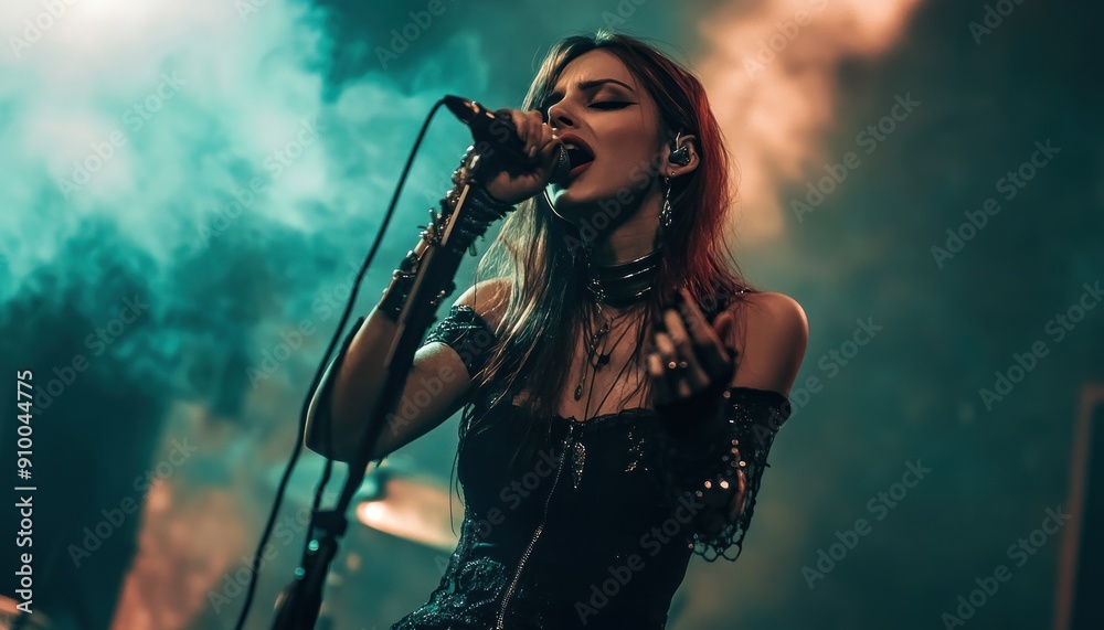 Gothic style singer passionately performs on stage.