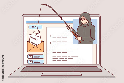 Hacker uses phishing to hack email via internet on laptop and steal confidential emails. Hacker breaks law by stealing correspondence for blackmail or obtaining insider information.