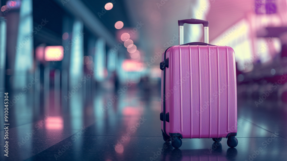 Magenta travel suitcase on a blurred airport background with soft pink lighting, symbolizing travel and adventure in a modern terminal setting