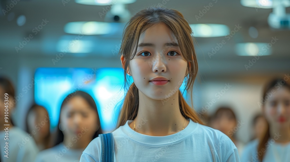 Young Woman in White T-Shirt Standing Among Group of Students in Bright Indoor Space Young Woman in White T-Shirt Standing Among Group of Students in Bright Indoor Space