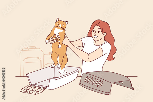 Animal cage for traveling with cat, near woman preparing pet for trip to airport. Disassembled plastic animal cage lies on table of happy owner of cute kitten who loves long trips.