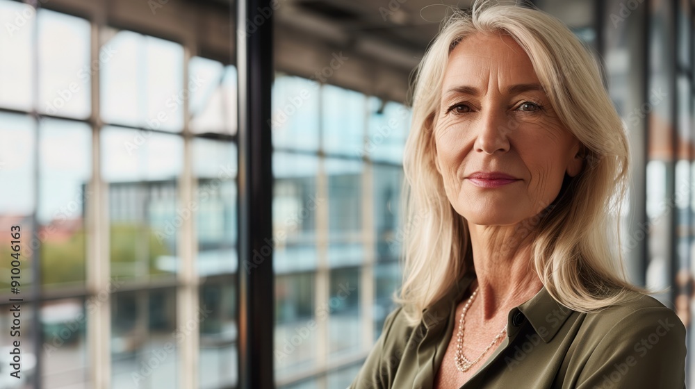 A strong and independent older woman stands near a panoramic window in a modern office. Career success for an adult woman in an office.