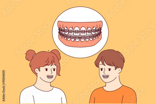 Dental braces in mouth of boy and girl visiting dentist for teeth straightening procedure. Happy children demonstrate braces, wanting to achieve beautiful smile and get rid of dental problems