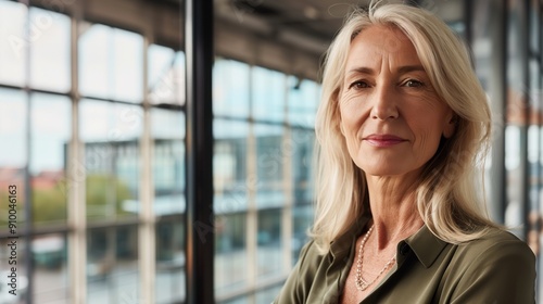 A strong and independent older woman stands near a panoramic window in a modern office. Career success for an adult woman in an office.