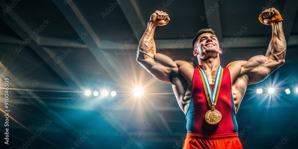 Obraz premium Champion Wrestler with Gold Medal in Stadium. A victorious wrestler stands strong in a stadium, holding up his arms in triumph while wearing gold medals around his neck.