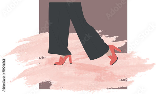 A woman dressed in stylish black pants paired with eyecatching red heels is confidently walking down the street, drawing attention