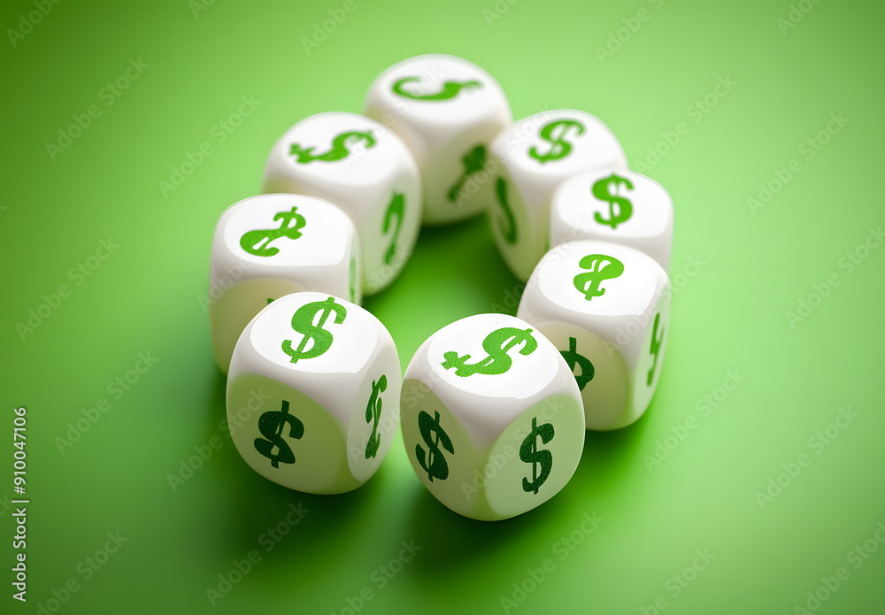 Green and Blue Dice with Icons of People and Money Bags Green and Blue Dice with Icons of People and Money Bags