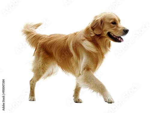 A golden retriever dog running happily with a joyful expression, its fur flowing, captured in motion against a plain white background.