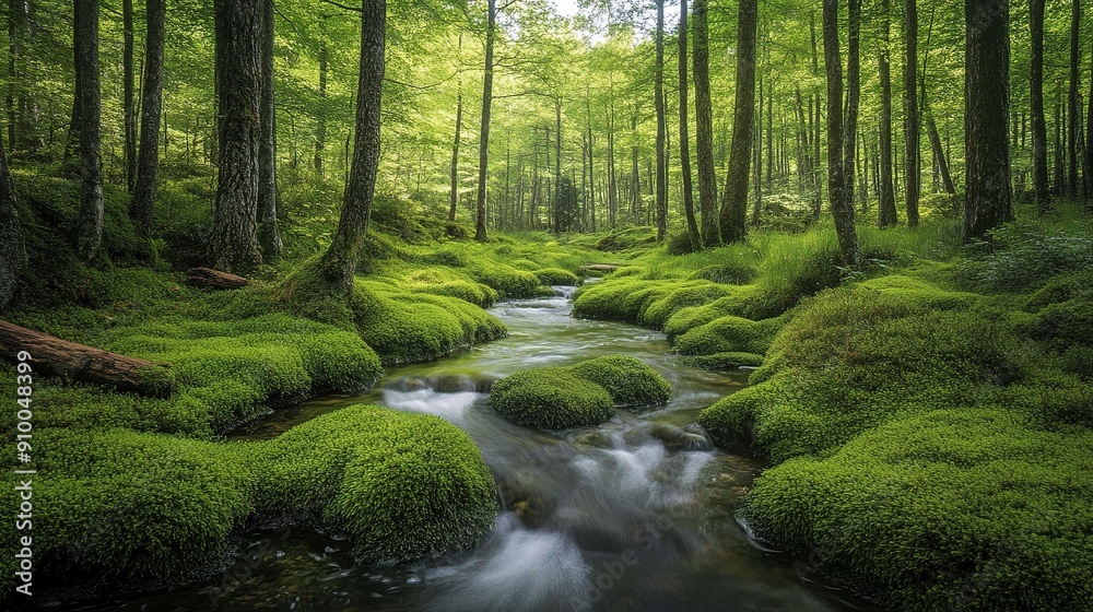 Serene Forest Stream: A captivating image of a tranquil stream winding through a lush, mossy forest. Serene Forest Stream: A captivating image of a tranquil stream winding through a lush, mossy forest.