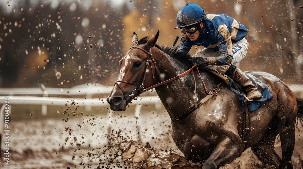 Fototapeta premium Close-up of a jockey in blue and white racing gear riding a horse through muddy conditions, capturing the intensity, speed, and dynamic action of the race. Ideal for themes of competition and equestri