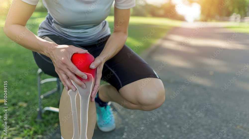 A woman in sports gear holding her knee with one hand and resting the other on it showing signs of pain or injury, knee pain, sports injury, discomfort A woman in sports gear holding her knee with one hand and resting the other on it showing signs of pain or injury, knee pain, sports injury, discomfort