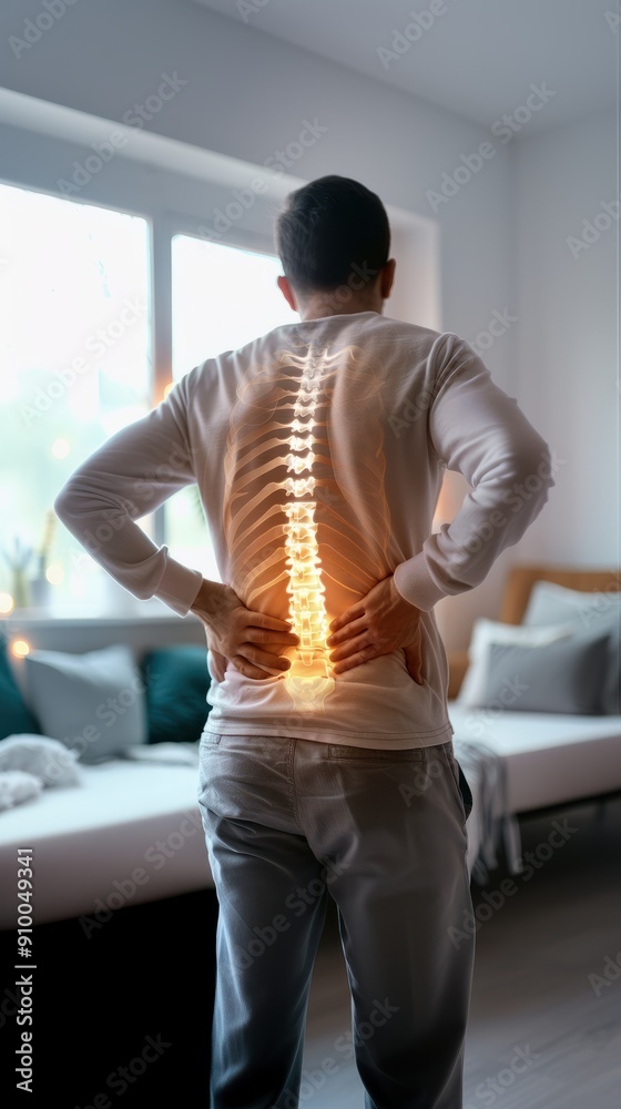 Person with back pain holding lower back highlighted spine showing discomfort, medical health issue, spine problem, injury Person with back pain holding lower back highlighted spine showing discomfort, medical health issue, spine problem, injury