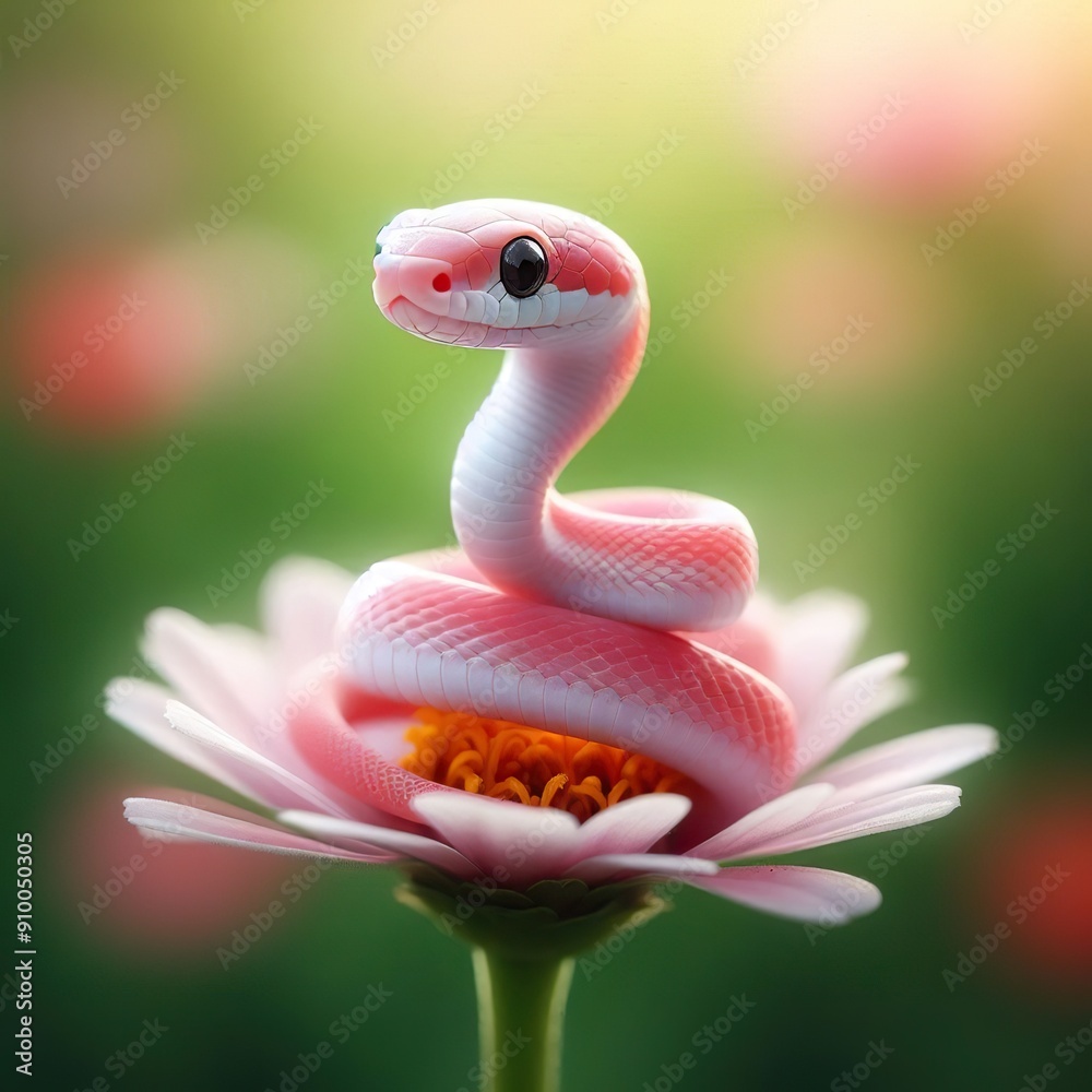 Close-up of a small light red snake with a white belly and pink nose, standing on a beautiful flower Close-up of a small light red snake with a white belly and pink nose, standing on a beautiful flower