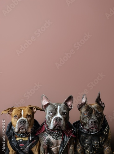 Trois chiens bully américains en tenue punk avec des chaînes assis côte à côte regardant l'appareil photo, image avec espace pour texte. photo