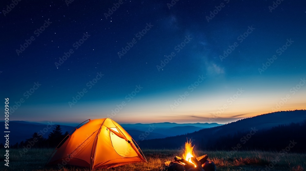a camping site showing a tent and a campfire surrounded by a dark, starry twilight sky a camping site showing a tent and a campfire surrounded by a dark, starry twilight sky