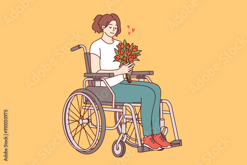 Woman sits in wheelchair with bouquet of flowers in hands, feeling positive and energized thanks to gift from secret admirer. Girl in wheelchair does not lose heart and strives to live life to fullest