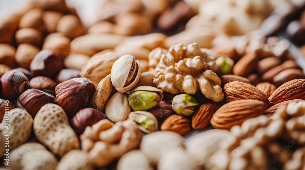 Assorted nuts and seeds, variety of textures, almonds, walnuts, hazelnuts, pistachios, cashews, close-up food photography, white marble tabletop, shallow depth of field, rich warm tones. Assorted nuts and seeds, variety of textures, almonds, walnuts, hazelnuts, pistachios, cashews, close-up food photography, white marble tabletop, shallow depth of field, rich warm tones.