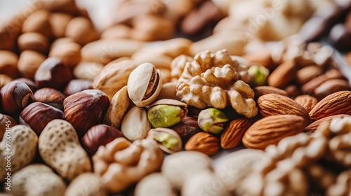 Assorted nuts and seeds, variety of textures, almonds, walnuts, hazelnuts, pistachios, cashews, close-up food photography, white marble tabletop, shallow depth of field, rich warm tones.