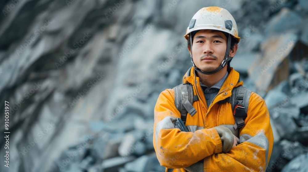Determined construction worker in a quarry, wearing a safety helmet and yellow jacket, standing confidently with arms crossed
Determined construction worker in a quarry, wearing a safety helmet and yellow jacket, standing confidently with arms crossed