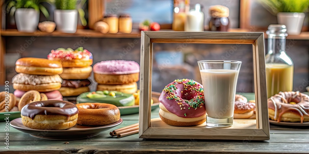 Delicious and sweet donut dessert displayed on a modern frame with various cafe drinks, simple s, and sweet treats in the background Delicious and sweet donut dessert displayed on a modern frame with various cafe drinks, simple s, and sweet treats in the background