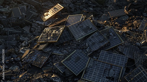 Old Trashed Solar Panels Piled Up in a Landfill or Scrap Yard photo