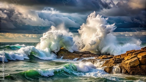 Wave crashing against rocky shore on a stormy day, ocean, water, power, force, nature, sea, splash, impact, shoreline, waves
