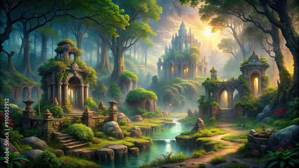 Enchanting image of a mystical realm with misty forests, ancient ruins, and magical creatures, fantasy, magical Enchanting image of a mystical realm with misty forests, ancient ruins, and magical creatures, fantasy, magical