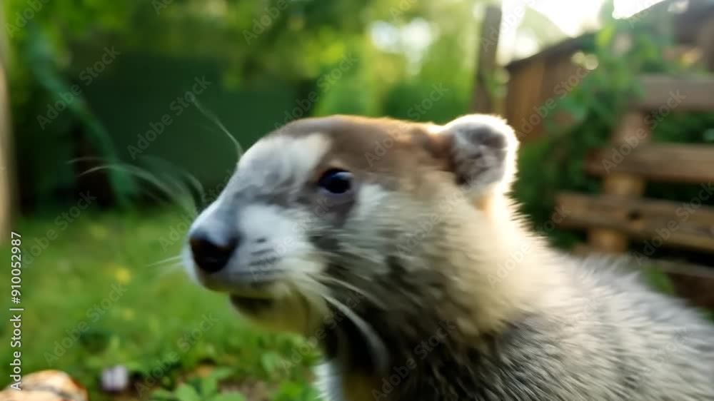 A curious animal observes its surroundings in a vibrant backyard, surrounded by greenery under the warm sun A curious animal observes its surroundings in a vibrant backyard, surrounded by greenery under the warm sun