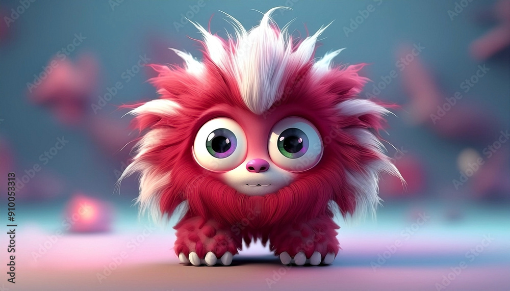 3d illustration of a tiny and adorable furry monster with big eyes and long crimson and white hair 3d illustration of a tiny and adorable furry monster with big eyes and long crimson and white hair