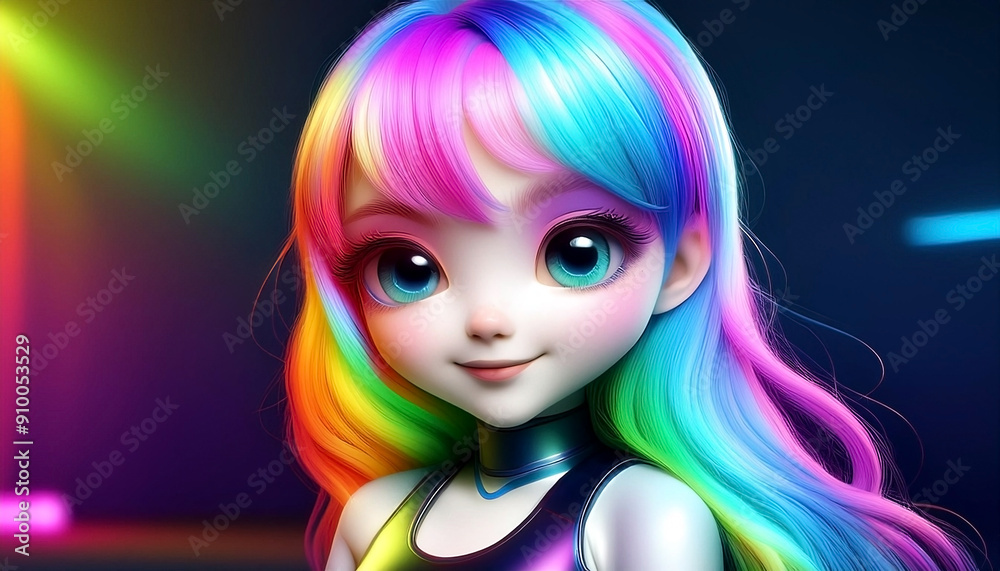 Cute kawaii girl with long wavy neon rainbow light hair Cute kawaii girl with long wavy neon rainbow light hair