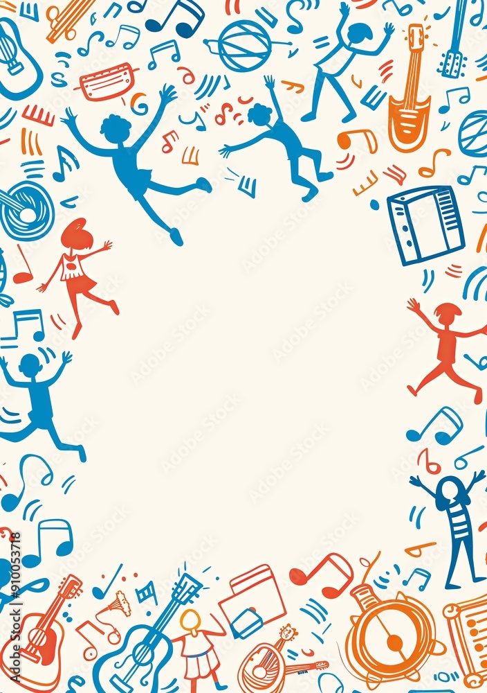 A simple doodle poster for a music festival with illustrations of dancing figures, stage lights, and A simple doodle poster for a music festival with illustrations of dancing figures, stage lights, and