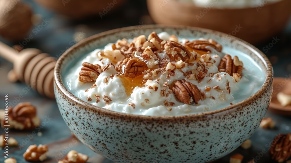 Sharp 8k resolution image of a bowl of Greek yogurt topped with honey and nuts, presenting a healthy and delicious snack option. Sharp 8k resolution image of a bowl of Greek yogurt topped with honey and nuts, presenting a healthy and delicious snack option.