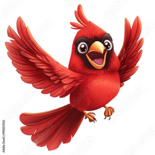 A cartoonish red bird with a big smile on its face. It is flying in the air and it is happy