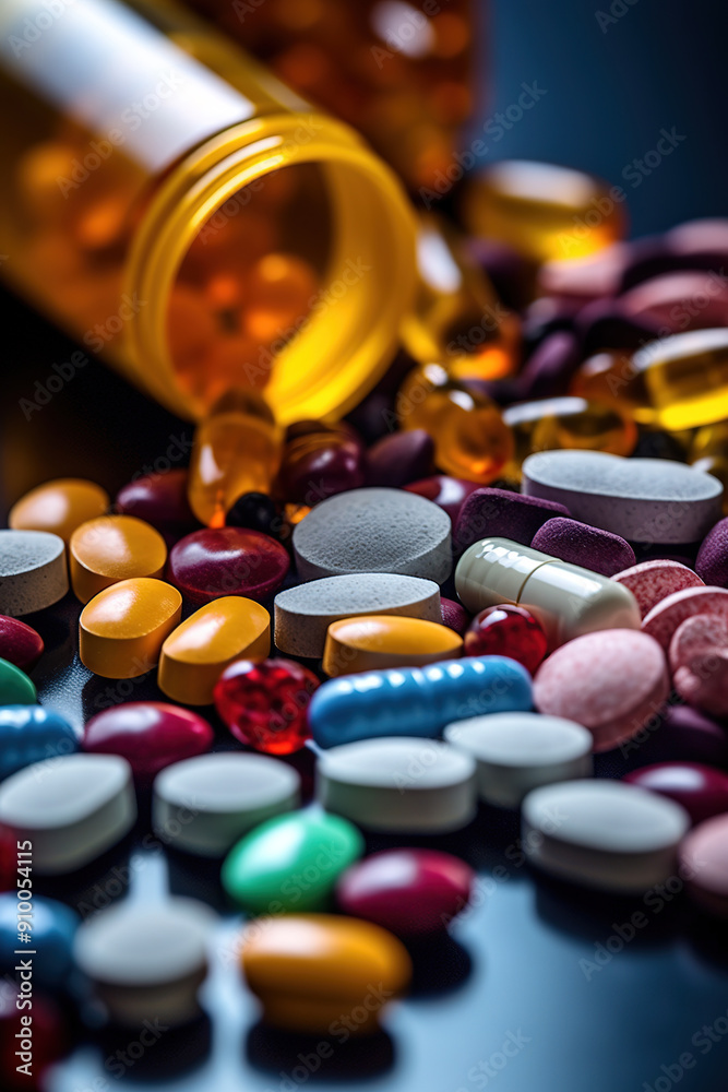 Close-up shot of container with a diverse variety of pills Close-up shot of container with a diverse variety of pills