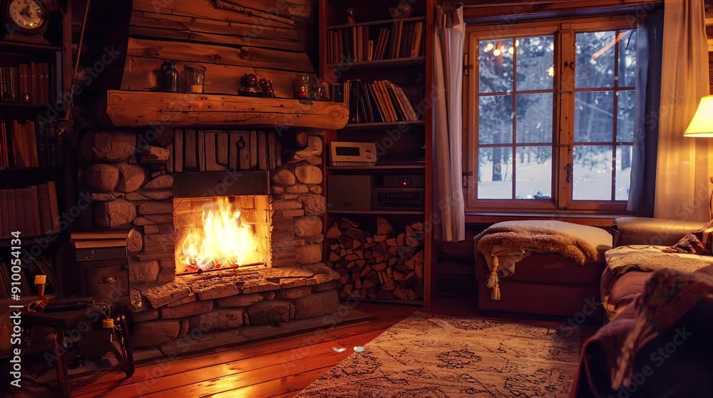 Cozy cabin room with a roaring fireplace and a window showcasing a snowy winter landscape, creating a warm and inviting atmosphere p Seamless looping 4k time-lapse virtual video animation Generated AI Cozy cabin room with a roaring fireplace and a window showcasing a snowy winter landscape, creating a warm and inviting atmosphere p Seamless looping 4k time-lapse virtual video animation Generated AI