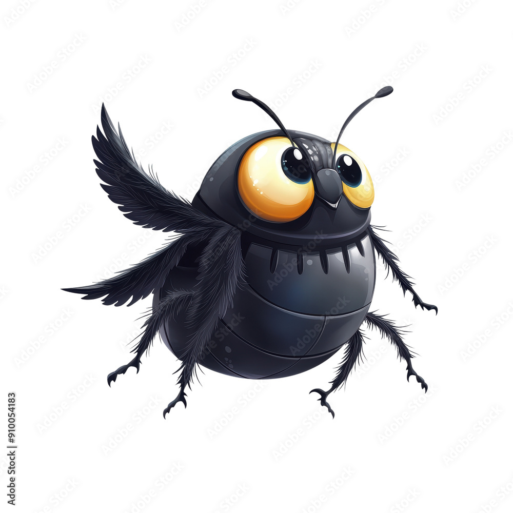 A cartoon bug with big eyes and a black body. It is flying in the air. The bug has a creepy look to it A cartoon bug with big eyes and a black body. It is flying in the air. The bug has a creepy look to it