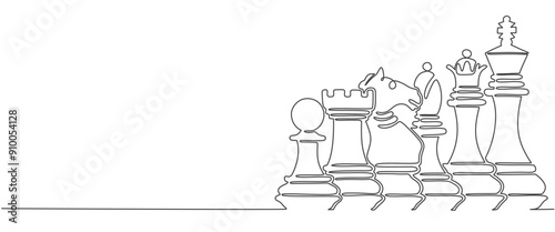 Continuous one line drawing of pawn, knight, king, queen,rook, bishop. simple chess pieces line art vector illustration.