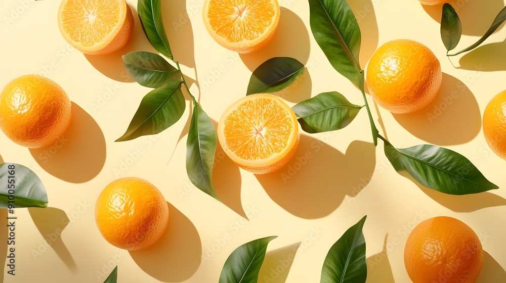 Pale yellow background, fresh oranges, vibrant citrus fruits, green leaves, natural textures, still life composition, soft lighting, high resolution, food photography. Pale yellow background, fresh oranges, vibrant citrus fruits, green leaves, natural textures, still life composition, soft lighting, high resolution, food photography.