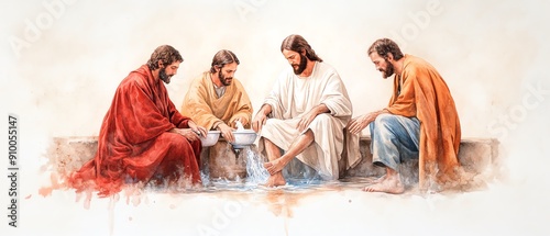 A symbolic scene depicting humility and service, featuring a diverse group engaged in a meaningful ritual of foot washing.