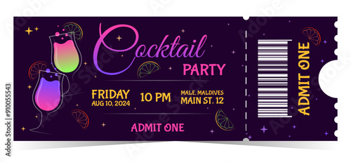 Colorful Cocktail Party Invitation Ticket Design with colorful drinks, event details and admit one barcode