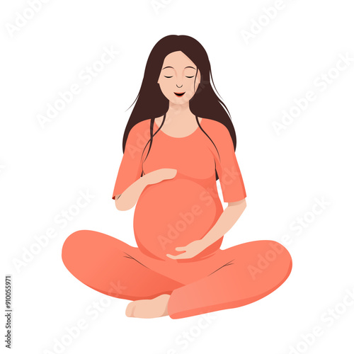 Pregnant woman in a orange dress in lotus pose tenderly holds her belly with a happy smile