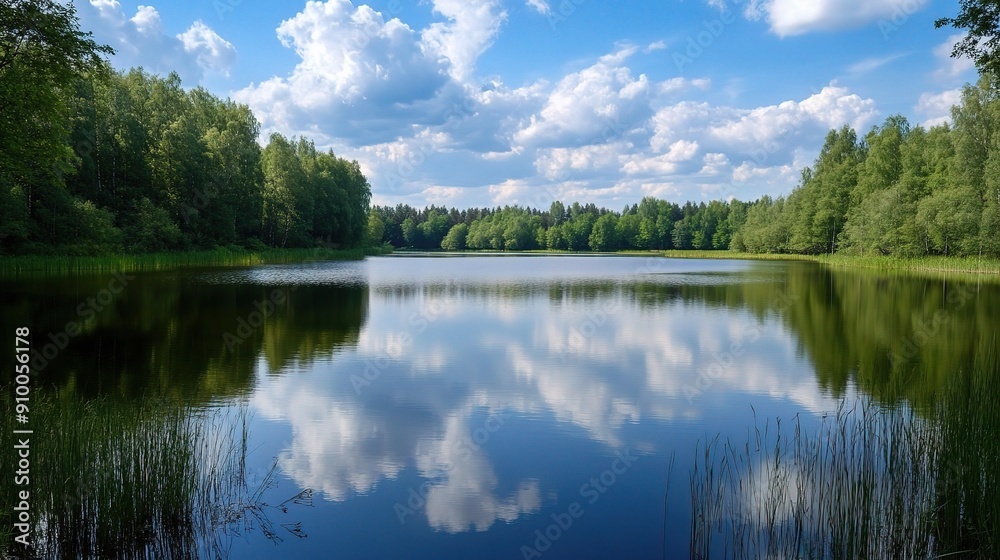 Serene Reflections: A pristine lake mirrors the sky, framed by lush greenery in a tranquil summer scene. Serene Reflections: A pristine lake mirrors the sky, framed by lush greenery in a tranquil summer scene.