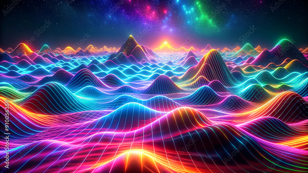 Vivid 3D landscape of glowing neon waves, a dance of vibrant colors illuminating the digital horizon.Abstract background Vivid 3D landscape of glowing neon waves, a dance of vibrant colors illuminating the digital horizon.Abstract background