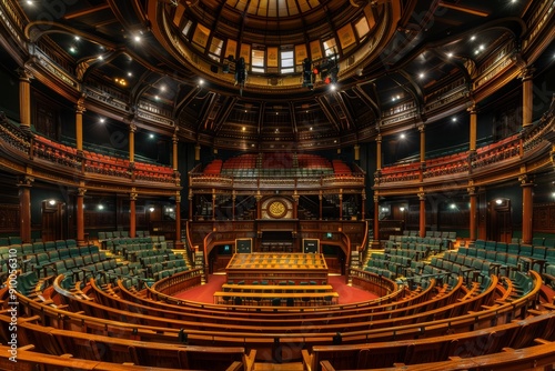 Grand Historic Auditorium with Ornate Wooden Architecture and Elegant Seating Arrangement