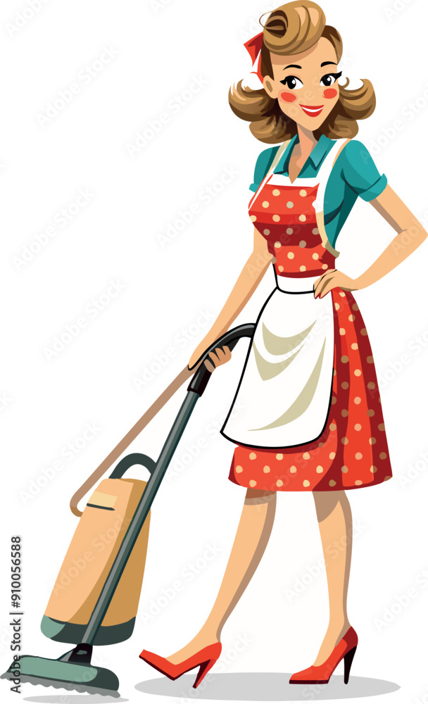 Beautiful woman in red polka dot dress vacuuming the floor