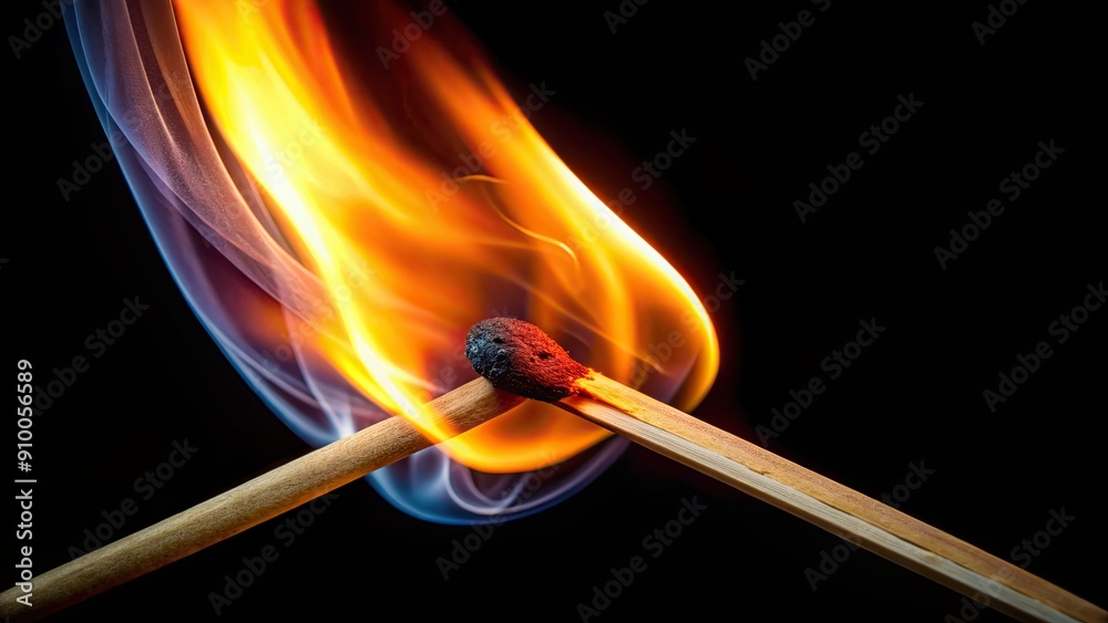 Close-up of a burning matchstick emitting flames on a black background, fire, matchstick, flame, burn, heat, ignition, dark