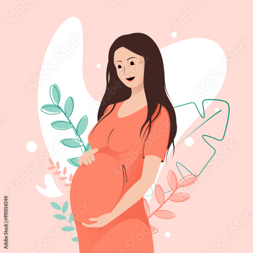 Pregnant woman in orange dress holds her belly with tenderness on peach floral background